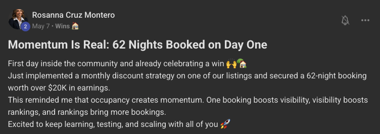 Rosanna Cruz Montero: Momentum is real: 62 nights booked on day one
